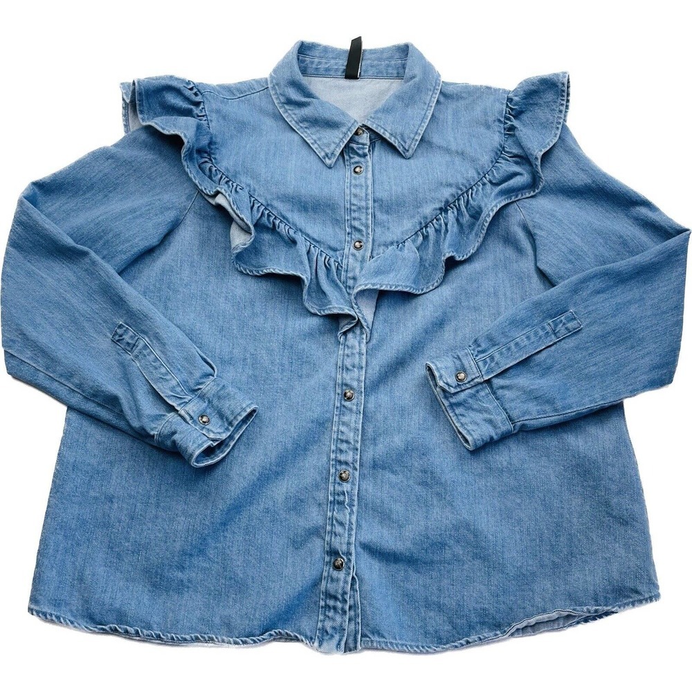 ZARA Womens Denim Long Sleeve Pearl Snap Ruffle Shirt Top Size L Blue Western